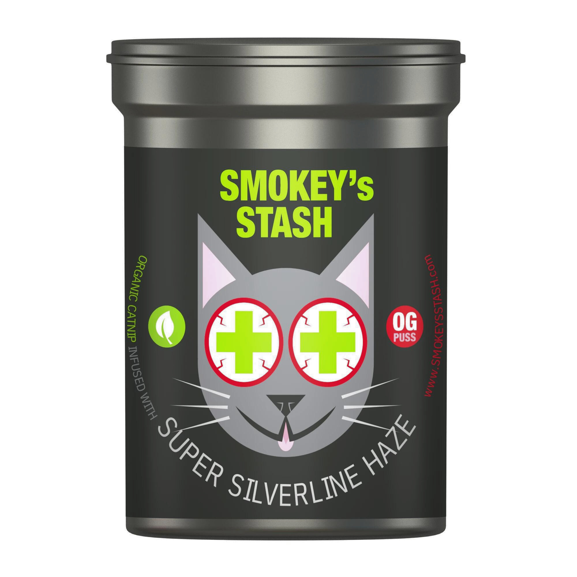 Black container labeled 'Smokey's Stash' with a cat graphic and text on a white background