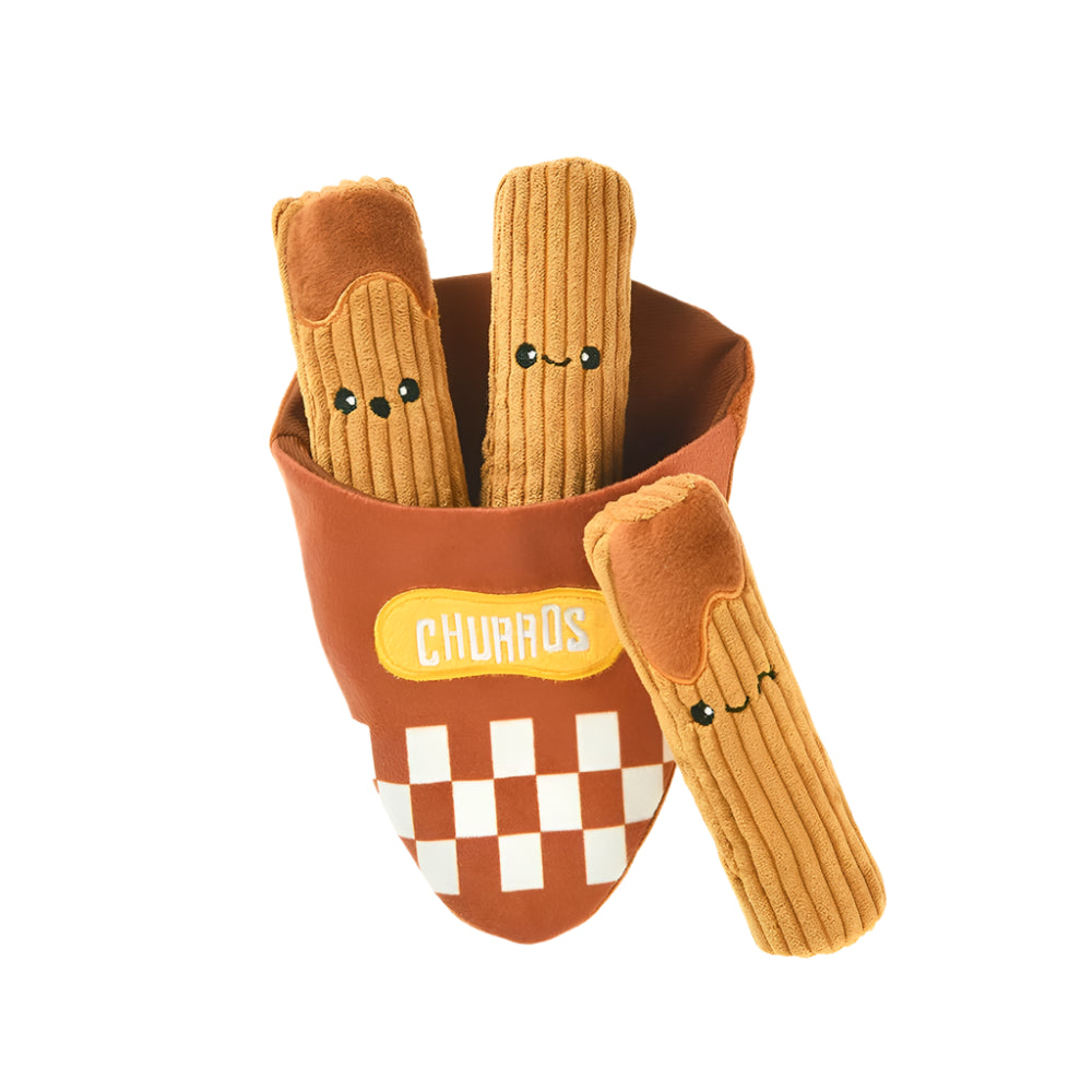 Plush churros with a checkered container on a white background