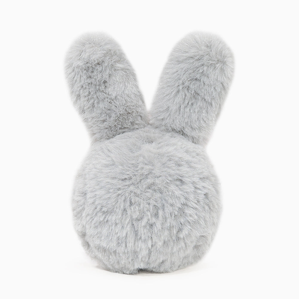 Fluffy gray bunny-shaped pillow on a white background