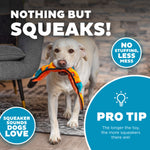 Dog playing with a squeaky toy indoors, with promotional text about the product.