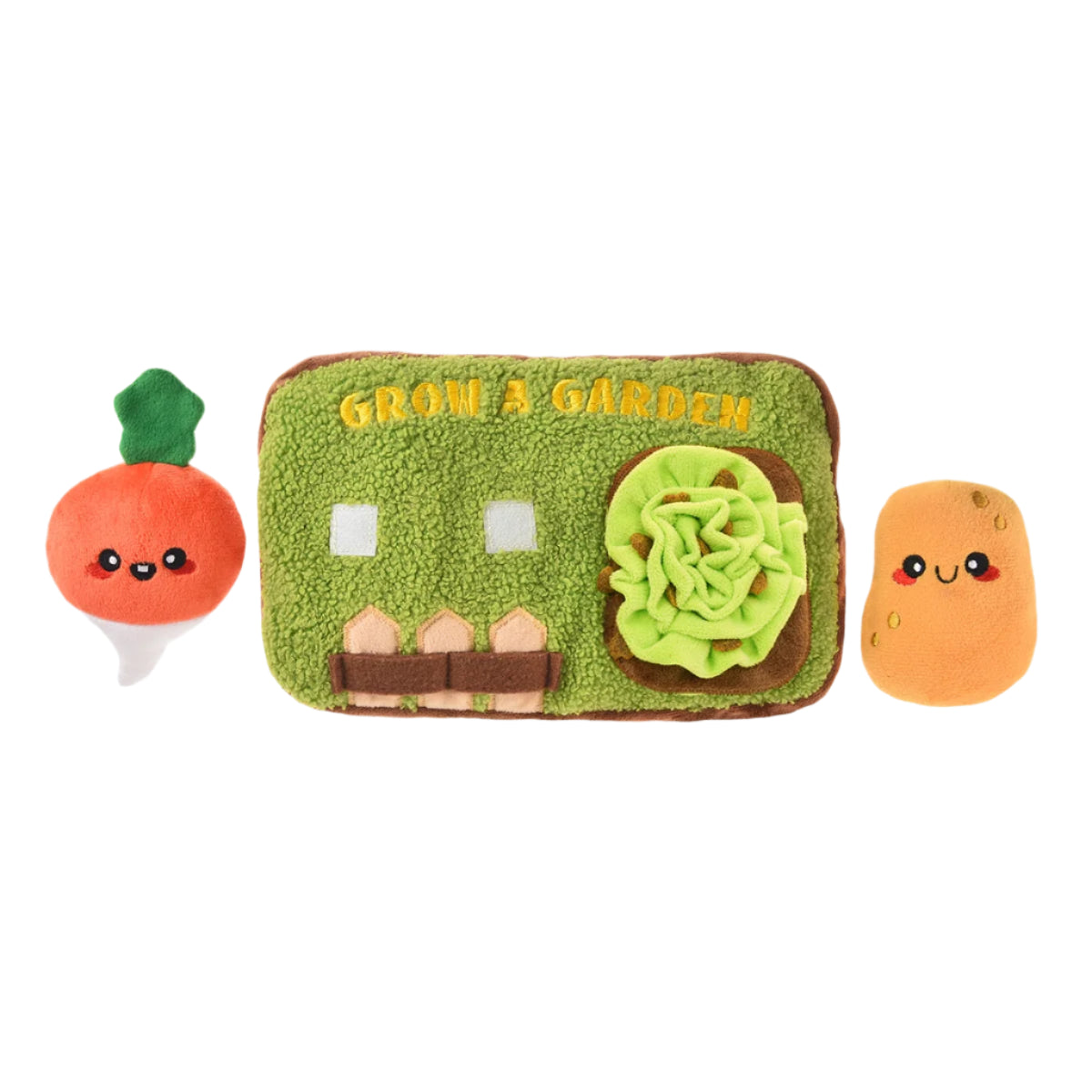 Plush garden set with a small greenhouse, tomato, and potato on a white background