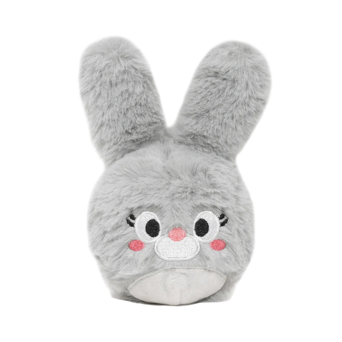Gray plush toy with a cute face on a white background