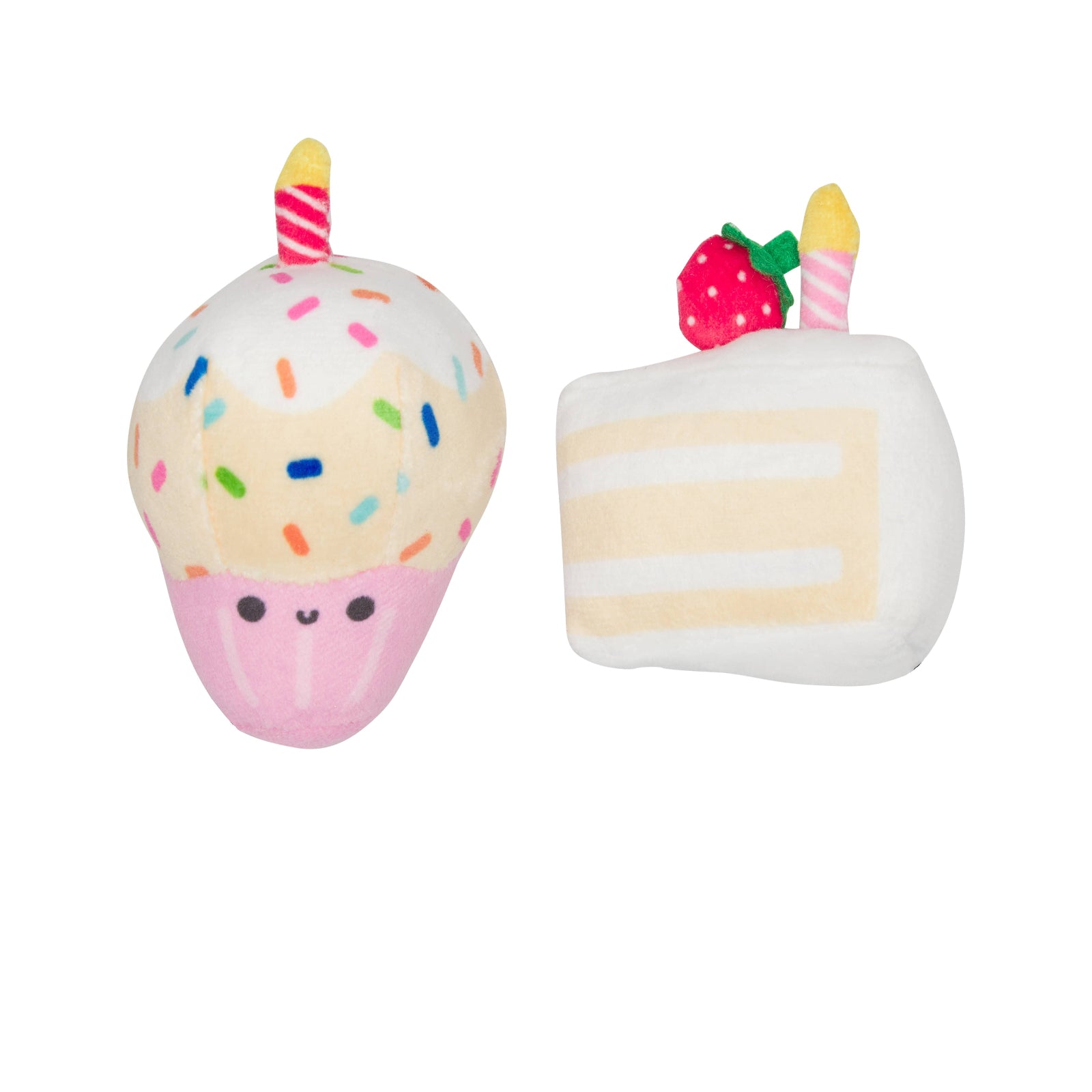 Two plush toy desserts on a plain white background: a cupcake plush with pink frosting base, multicolored sprinkles, a yellow candle, and a smiling face, next to a slice-of-cake plush with cream layers, a strawberry topper, and a candle.