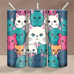 Cartoon Kitty Faces Skinny Tumbler with Straw 20oz