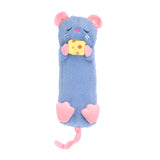 Blue plush toy shaped like a mouse holding cheese on a white background