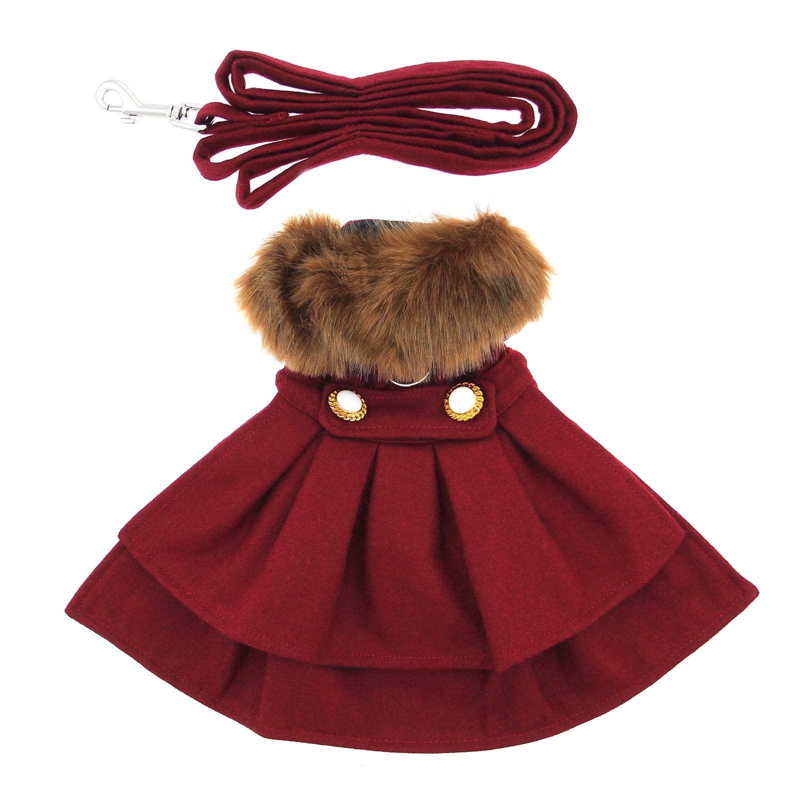 Red dog coat with fur collar and gold buttons, accompanied by a red leash on a white background