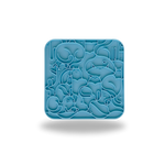 A square blue silicone mold with rounded corners, featuring an embossed pattern of cartoon sea creatures like a shark, octopus, and fish, shown on a white background with a soft drop shadow.