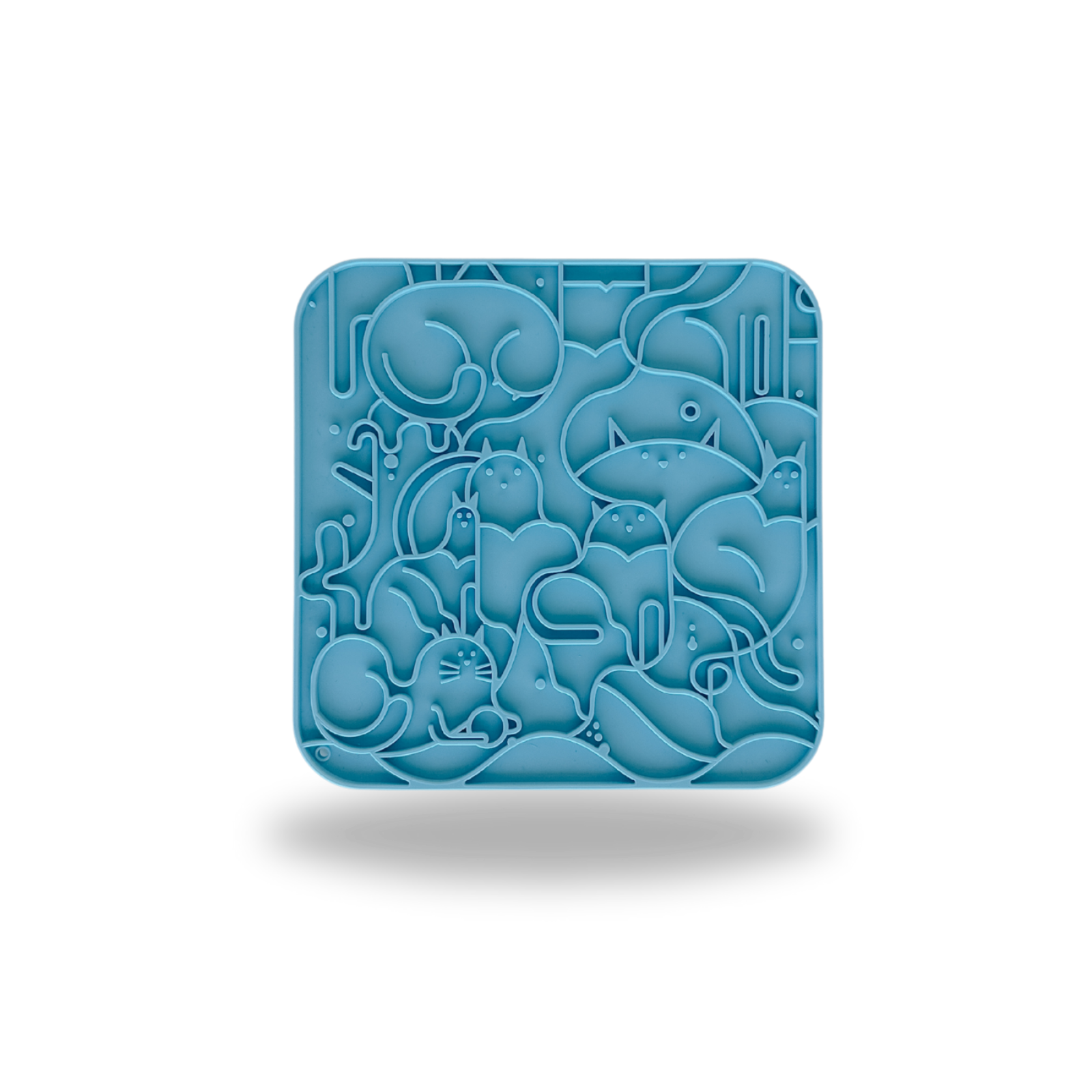 A square blue silicone mold with rounded corners, featuring an embossed pattern of cartoon sea creatures like a shark, octopus, and fish, shown on a white background with a soft drop shadow.