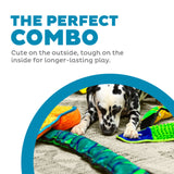 Dog playing with colorful toys on a textured surface, with text about durability.