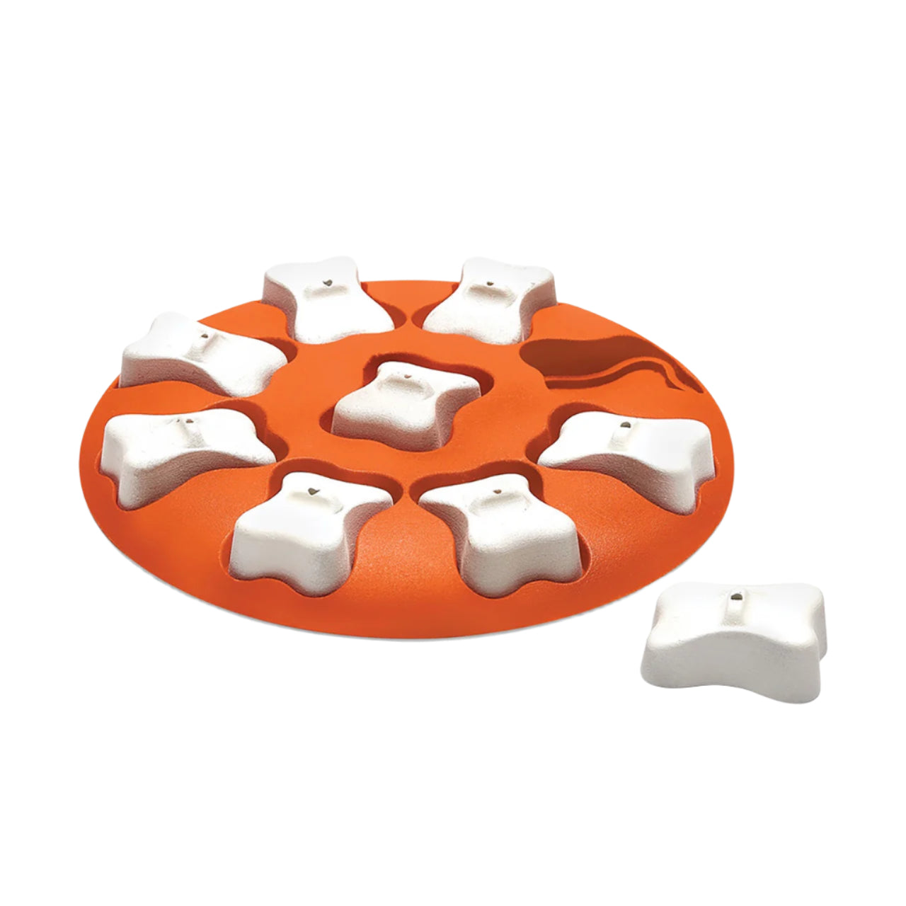 Orange round tray with white bone-shaped molds on a white background