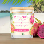 Pet House Candle with tropical fruit design on a beach background