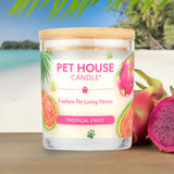 Pet House Candle with tropical fruit design on a beach background
