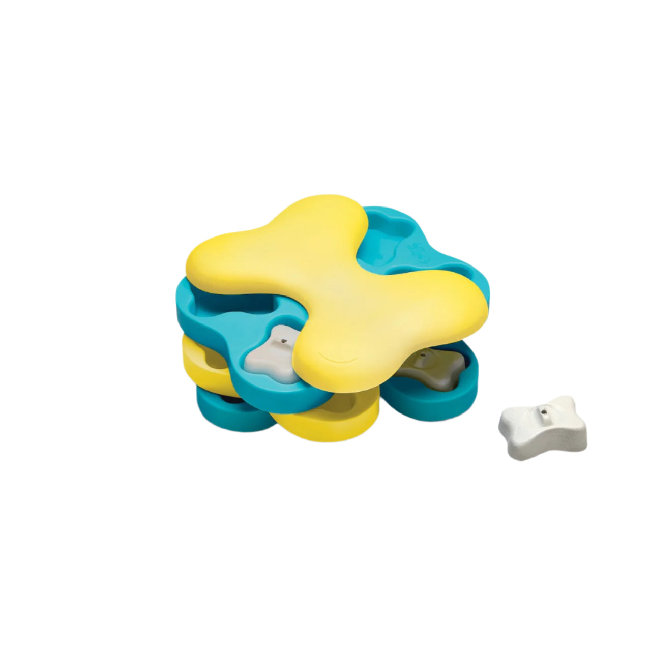 Yellow and blue plastic puzzle toy on a white background