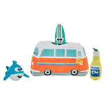 Set of plush toys including a van, shark, and bottle with a brand logo on a white background