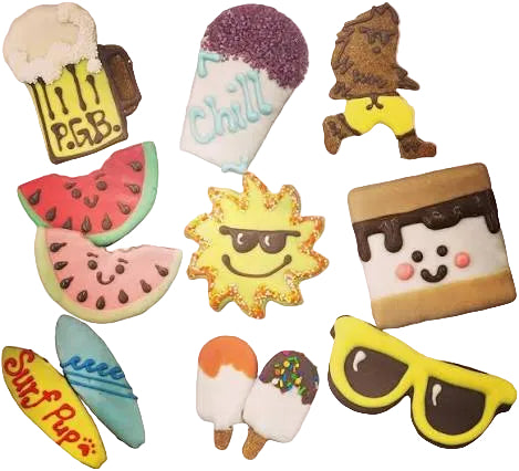 A collection of decorated sugar cookies shaped like a beer mug, an ice cream cone, a running character, watermelon slices, a sun with sunglasses, a marshmallow with chocolate drizzle, a surfboard with 'Sun Pop!' text, a blue surfboard, and yellow sunglasses, arranged on a light pink background.