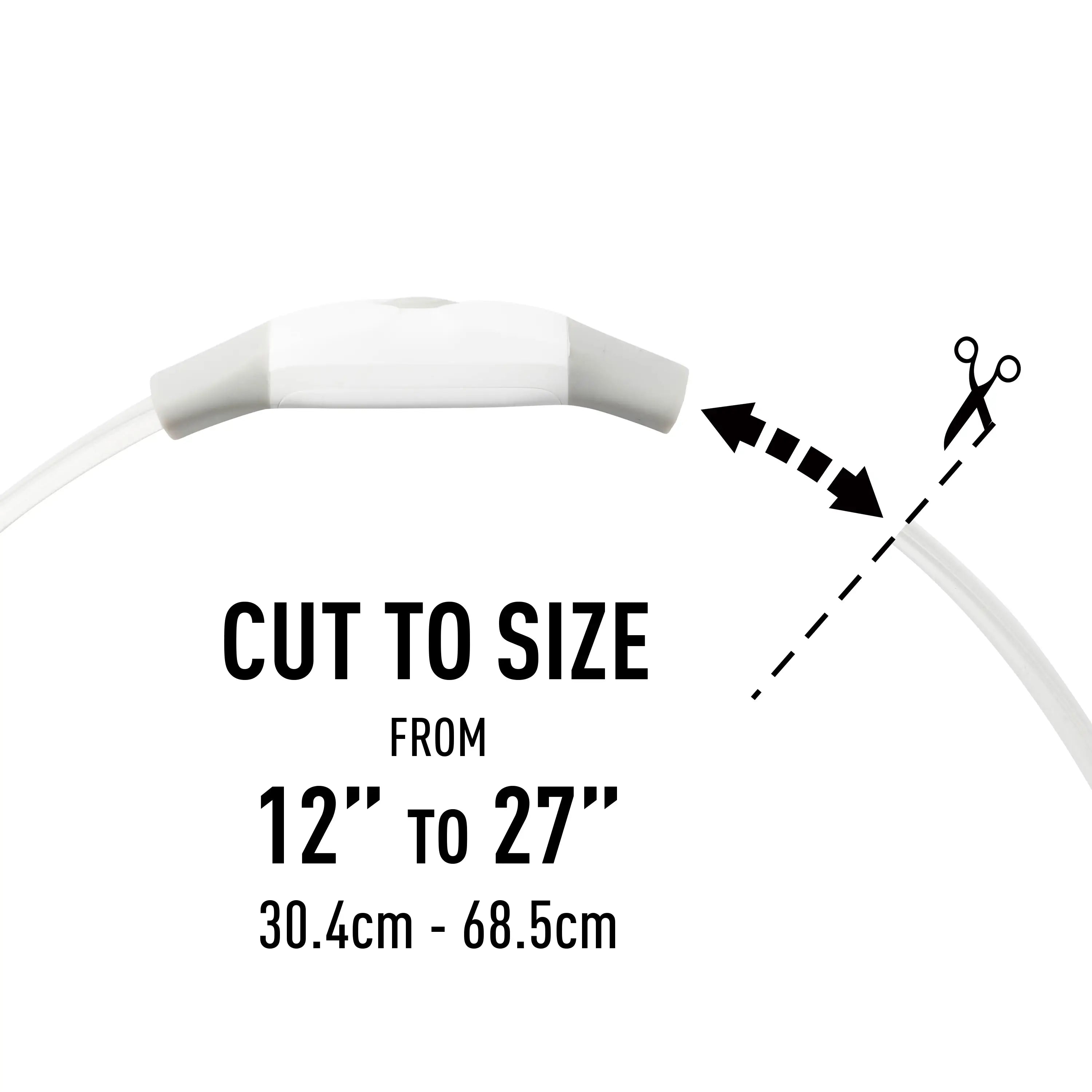 White cable with cut-to-size instructions on a white background