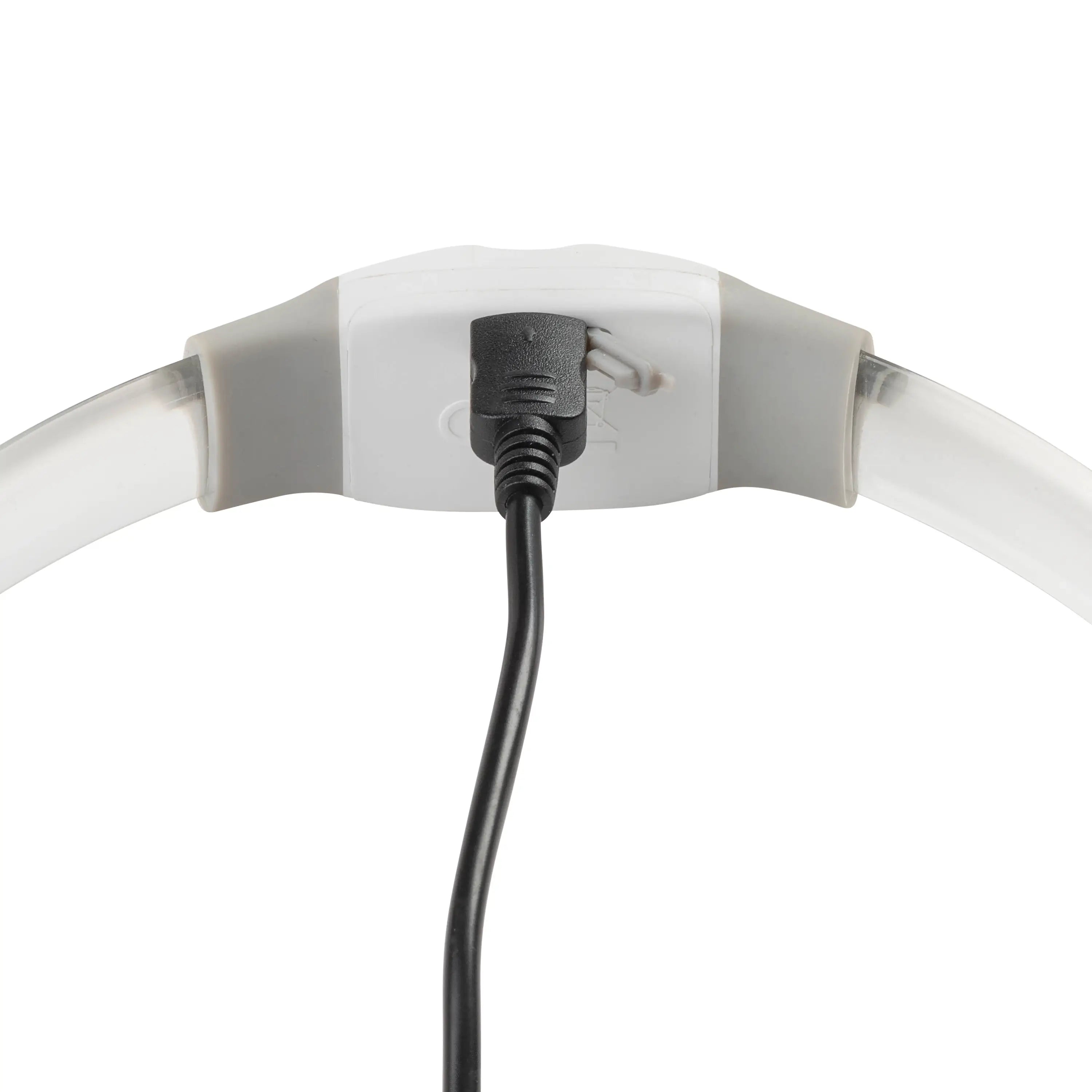 White headband with a black cord on a white background