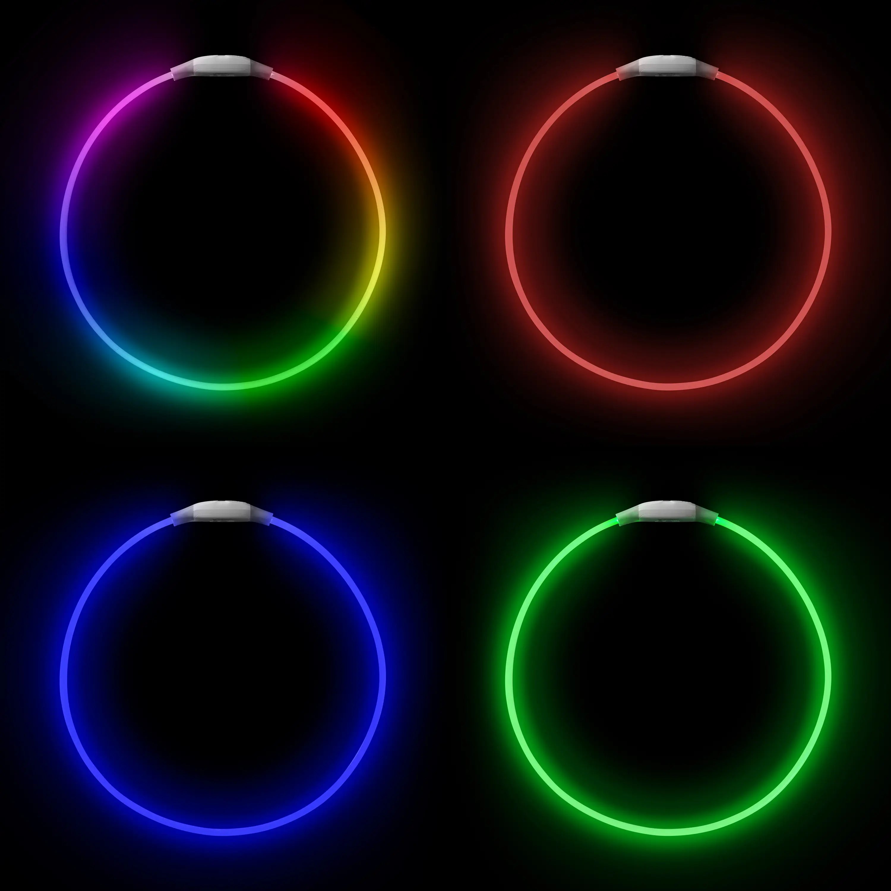 Four glowing necklaces in red, green, blue, and purple on a black background