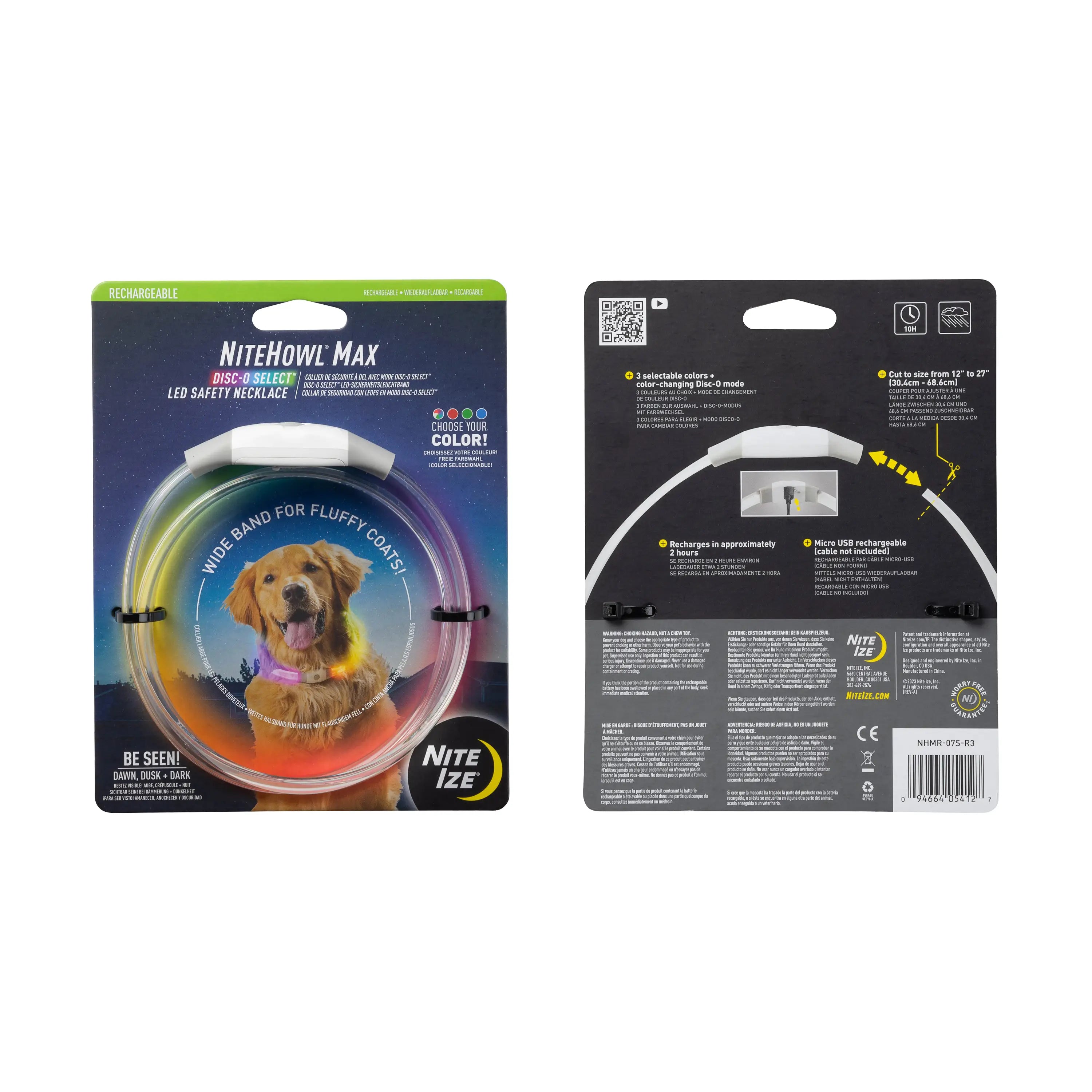 NiteHowl Max dog safety collar packaging with a dog illustration on a white background