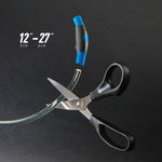 Pair of scissors with black handles and a blue accent on a dark background, showing measurement details.
