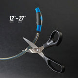 Pair of scissors with black handles and a blue accent on a dark background, showing measurement details.