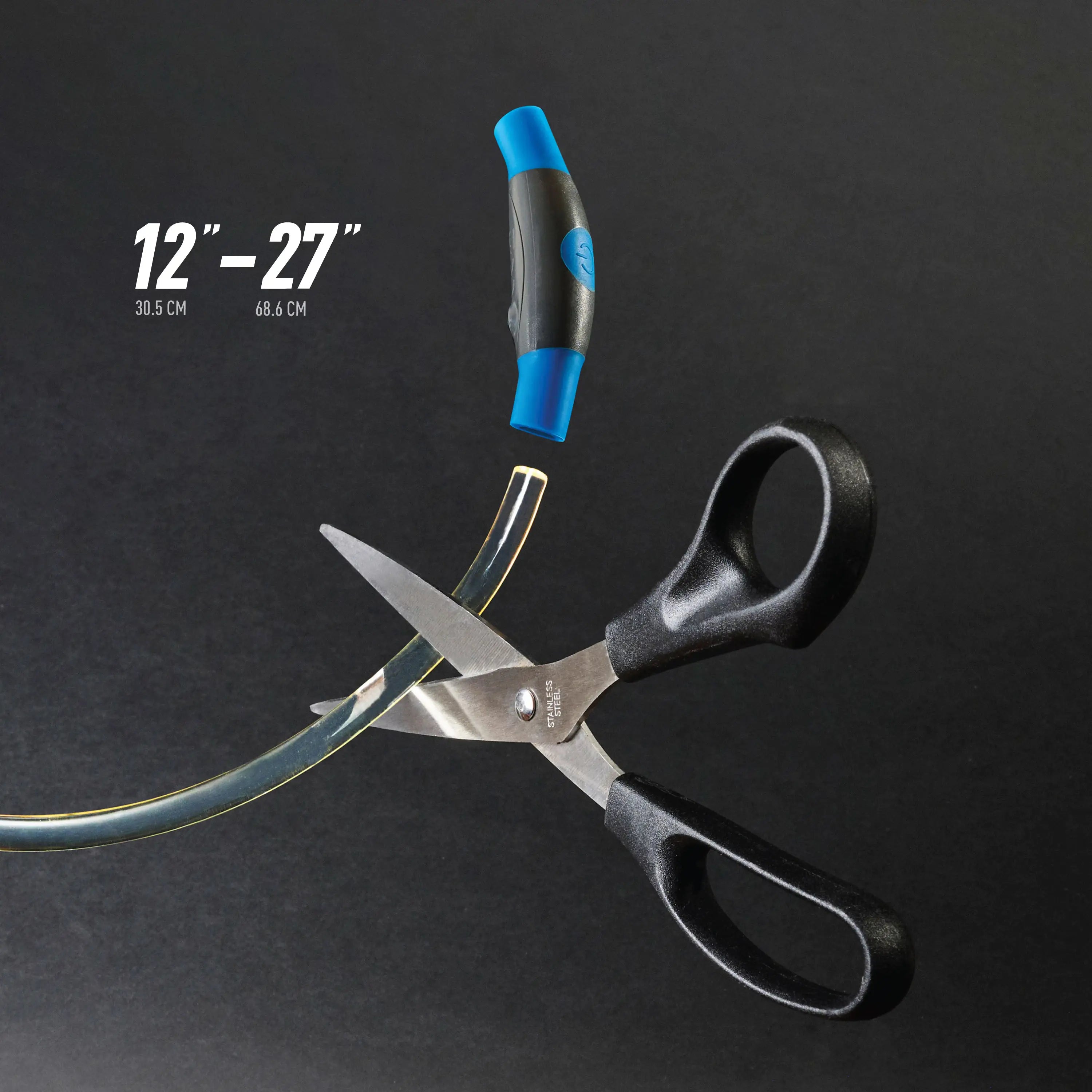 Pair of scissors with black handles and a blue accent on a dark background, showing measurement details.