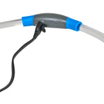 White and blue heating element with a black cord on a white background