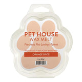 Pet House Wax Melt packaging with paw design and 'Orange Spice' flavor on a white background