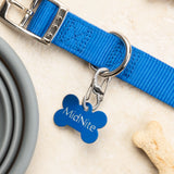 Blue dog collar with a bone-shaped tag labeled 'MidNite' on a beige surface with a bone and bowl.