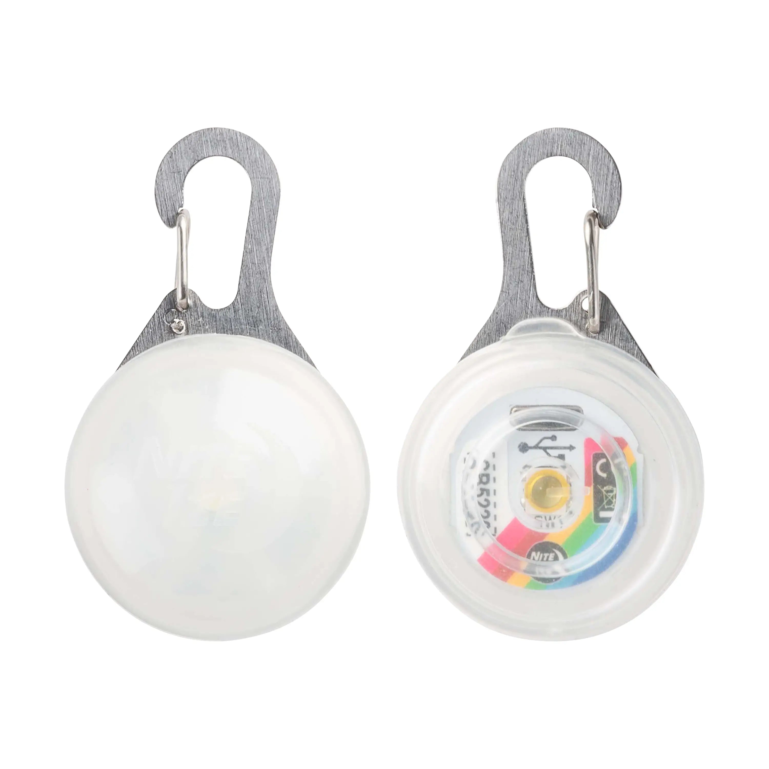 Two white spherical lights with carabiners on a white background