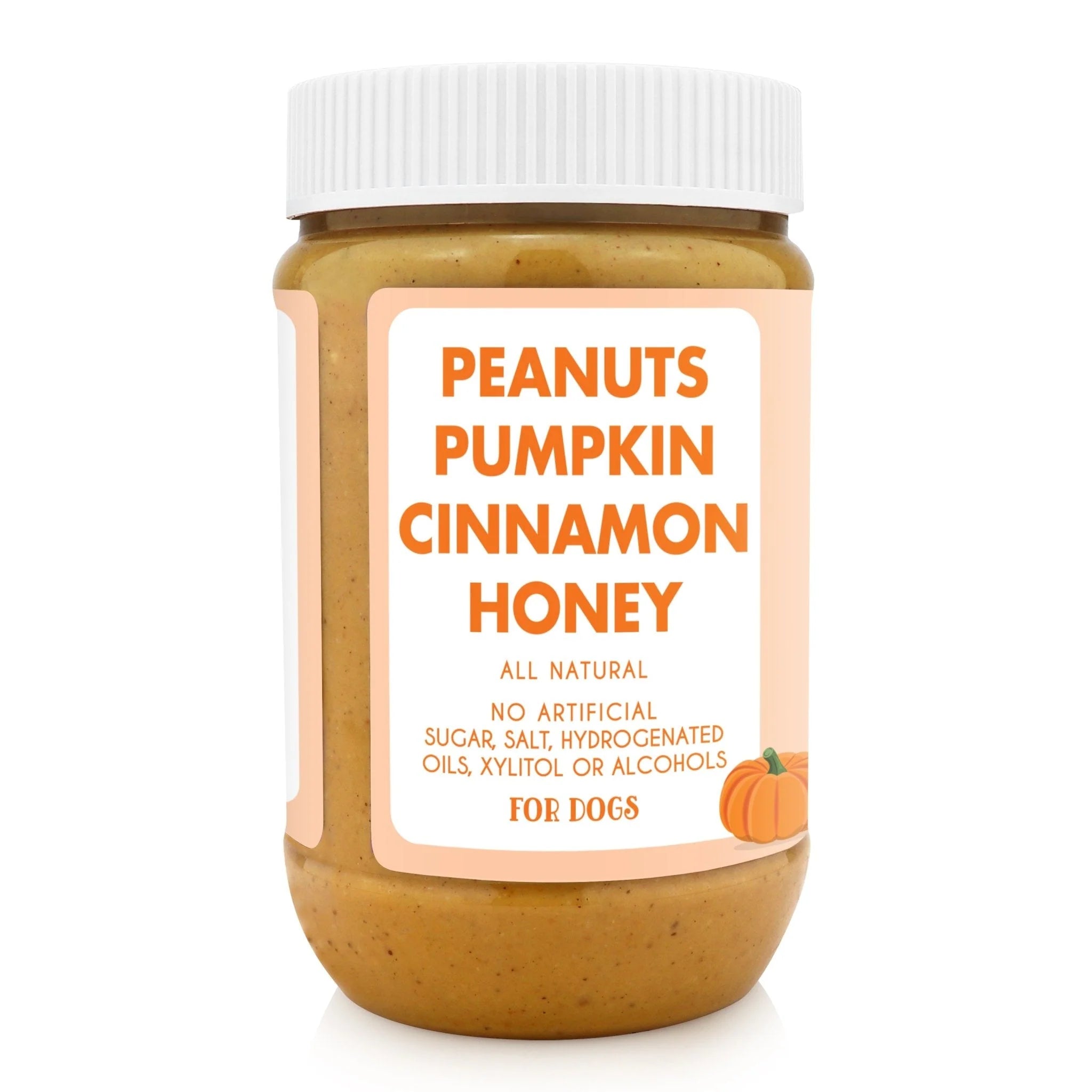 Jar of 'Peanuts Pumpkin Cinnamon Honey' for dogs with a white label on a white background