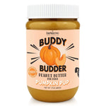 Jar of Buddy Budder Pumpkin Pup peanut butter for dogs on a white background