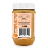 Jar of pumpkin-flavored peanut butter with label on a white background
