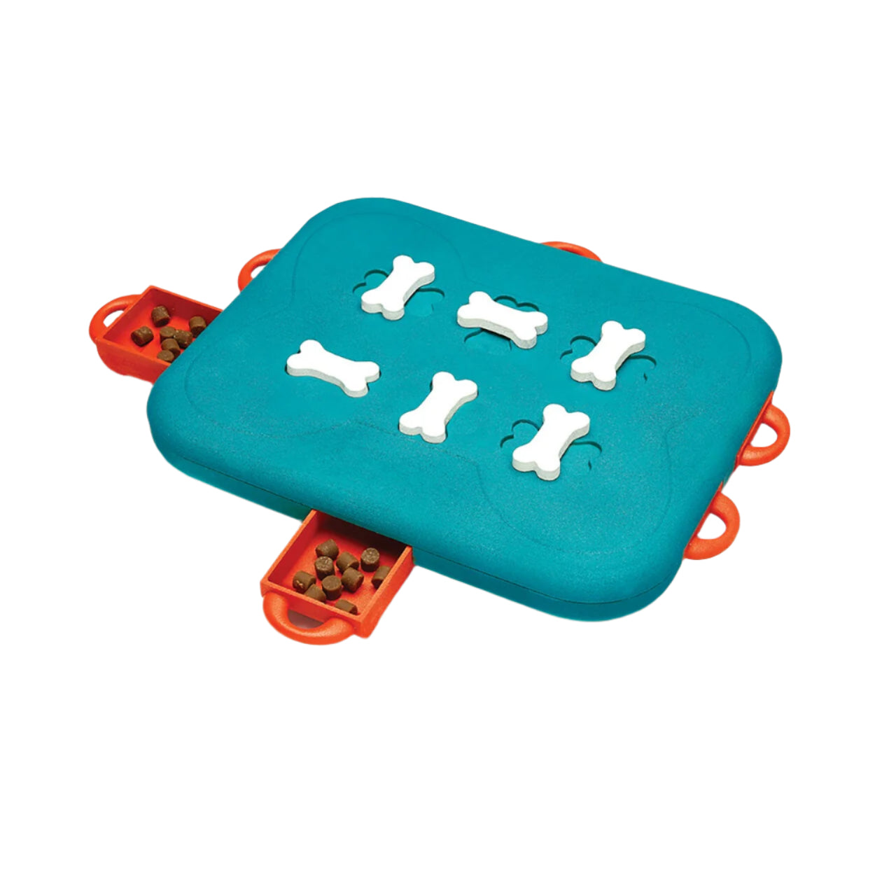 Blue and orange puzzle toy for dogs with bone-shaped holes and food compartments on a white background