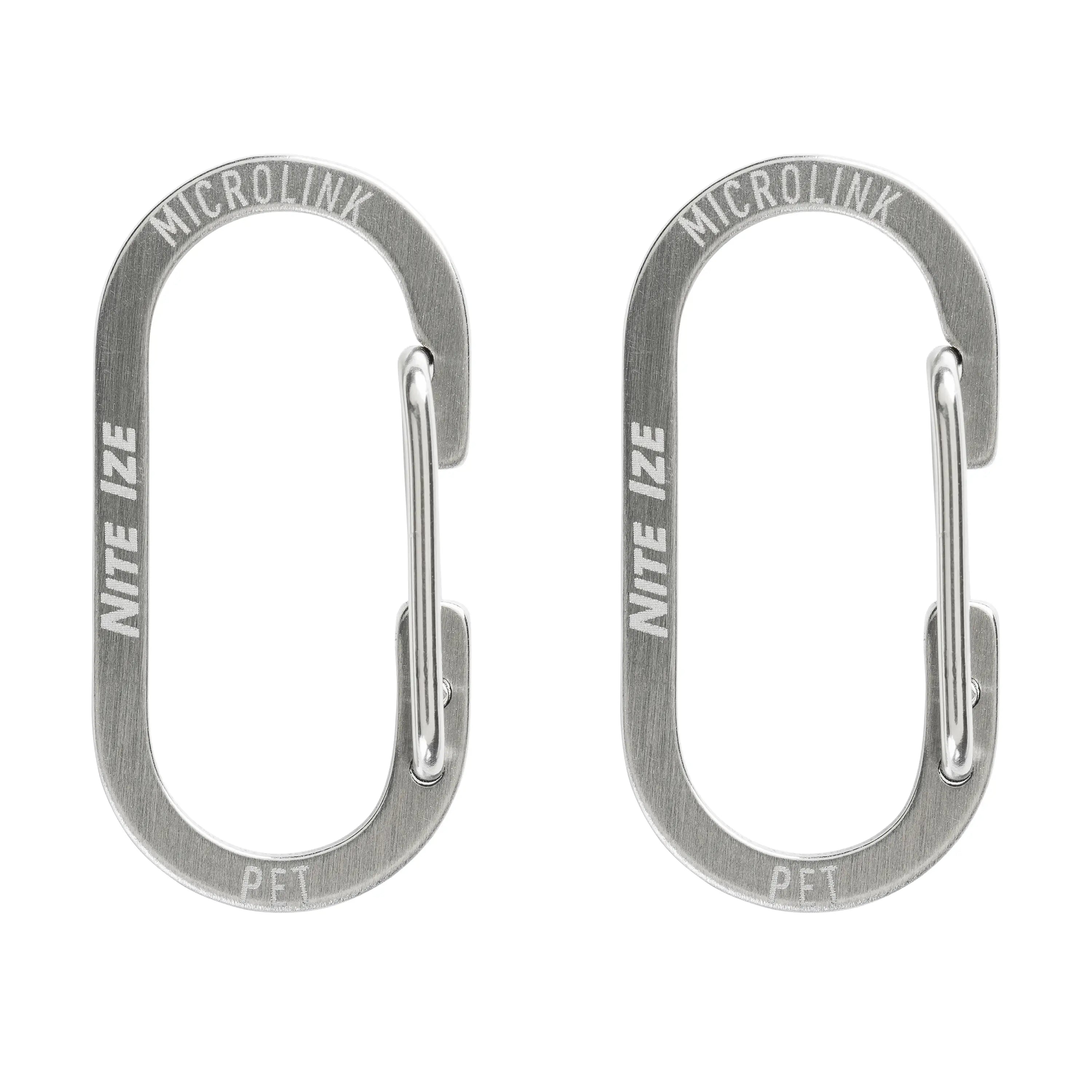 Two Nite Ize Microlink carabiners on a white background