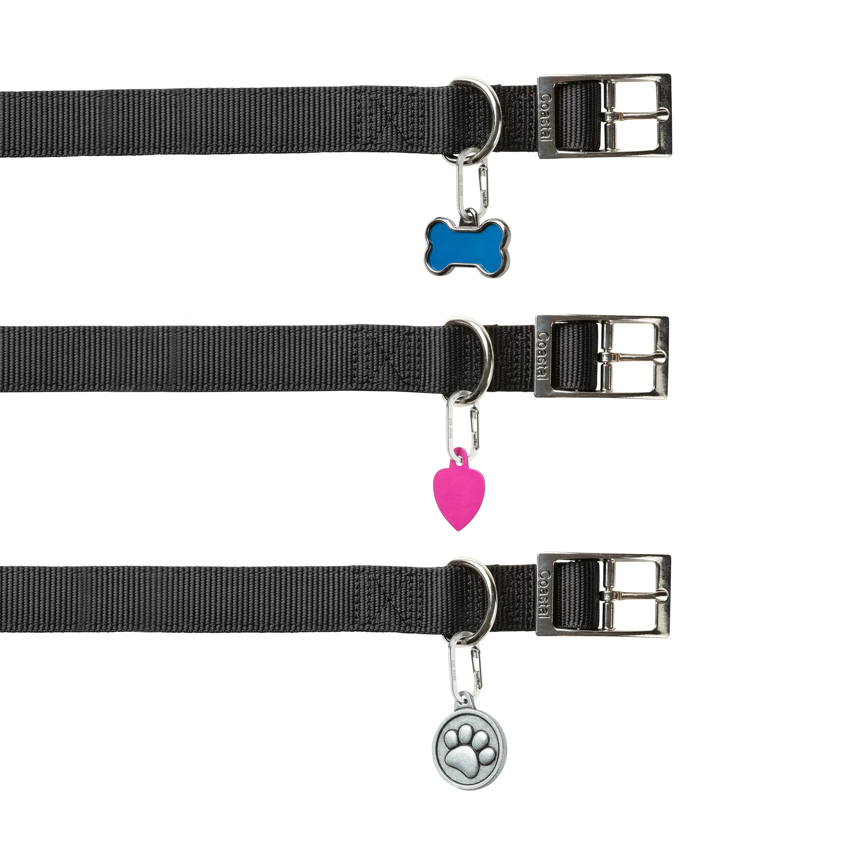 Three black dog collars with different shaped charms on a white background
