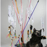 Cat playing with a colorful cat toy on a gray background