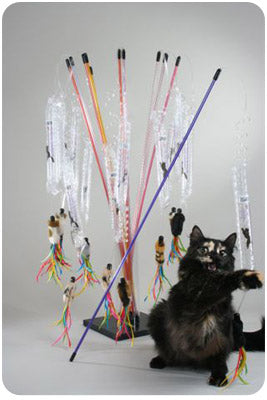 Cat playing with a colorful cat toy on a gray background