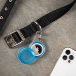 Black dog collar with a blue and silver pet tag on a gray surface, next to a smartphone.