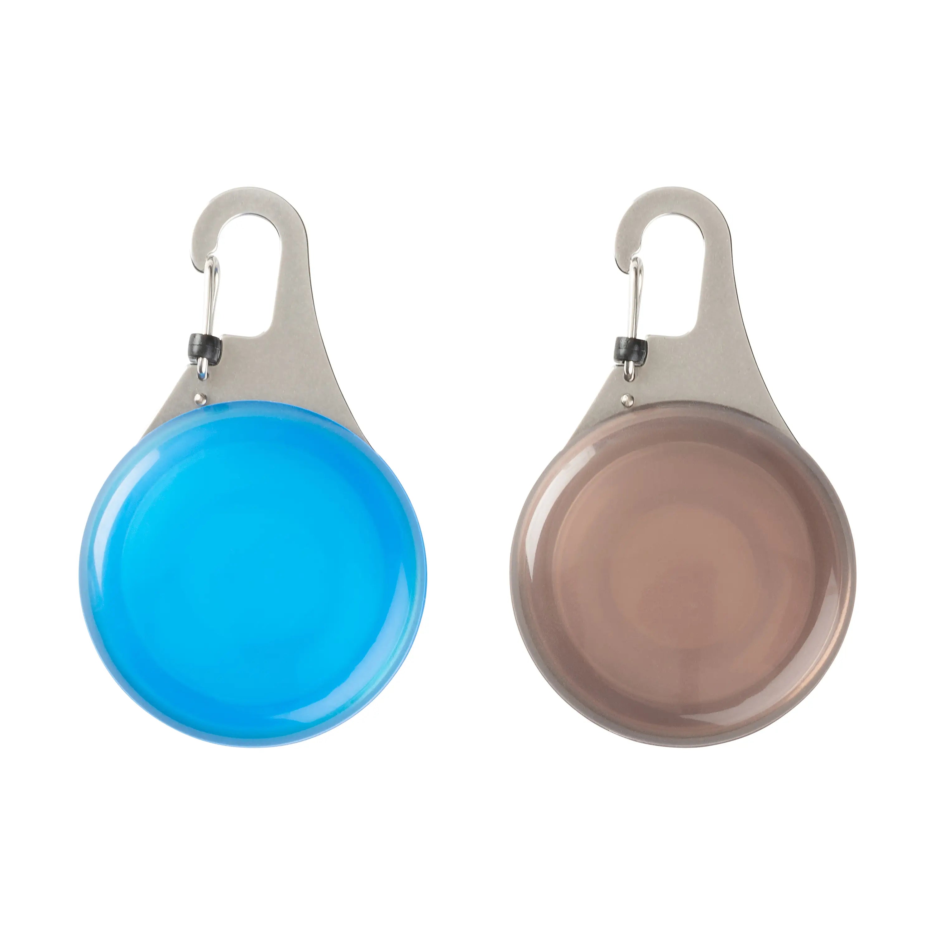 Two round keychains with carabiners, one blue and one brown, on a white background.