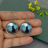 Black Cat Moonlight Floral Dangle Earrings