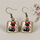 Cat Christmas Lights Red Scarf Dangle Earrings