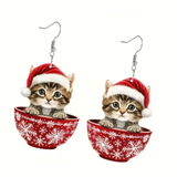 Tabby Cat Holiday Teacup Dangle Earrings