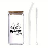 Cat Mama Cat Ears Glass Tumbler 16oz with Straw and Brush