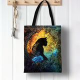 Multicolored Mystical Cat Floral Canvas Tote Bag