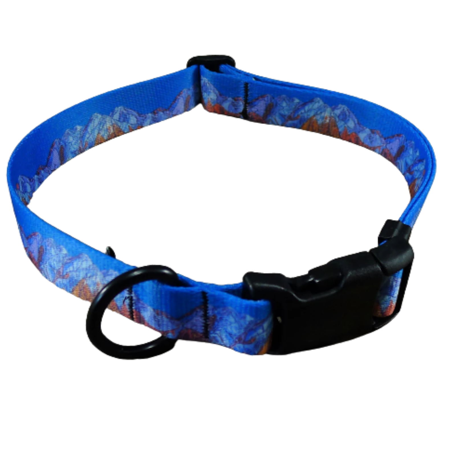 A blue dog collar with a mountain landscape print, featuring a black plastic buckle and a black metal ring, shown on a plain white background.