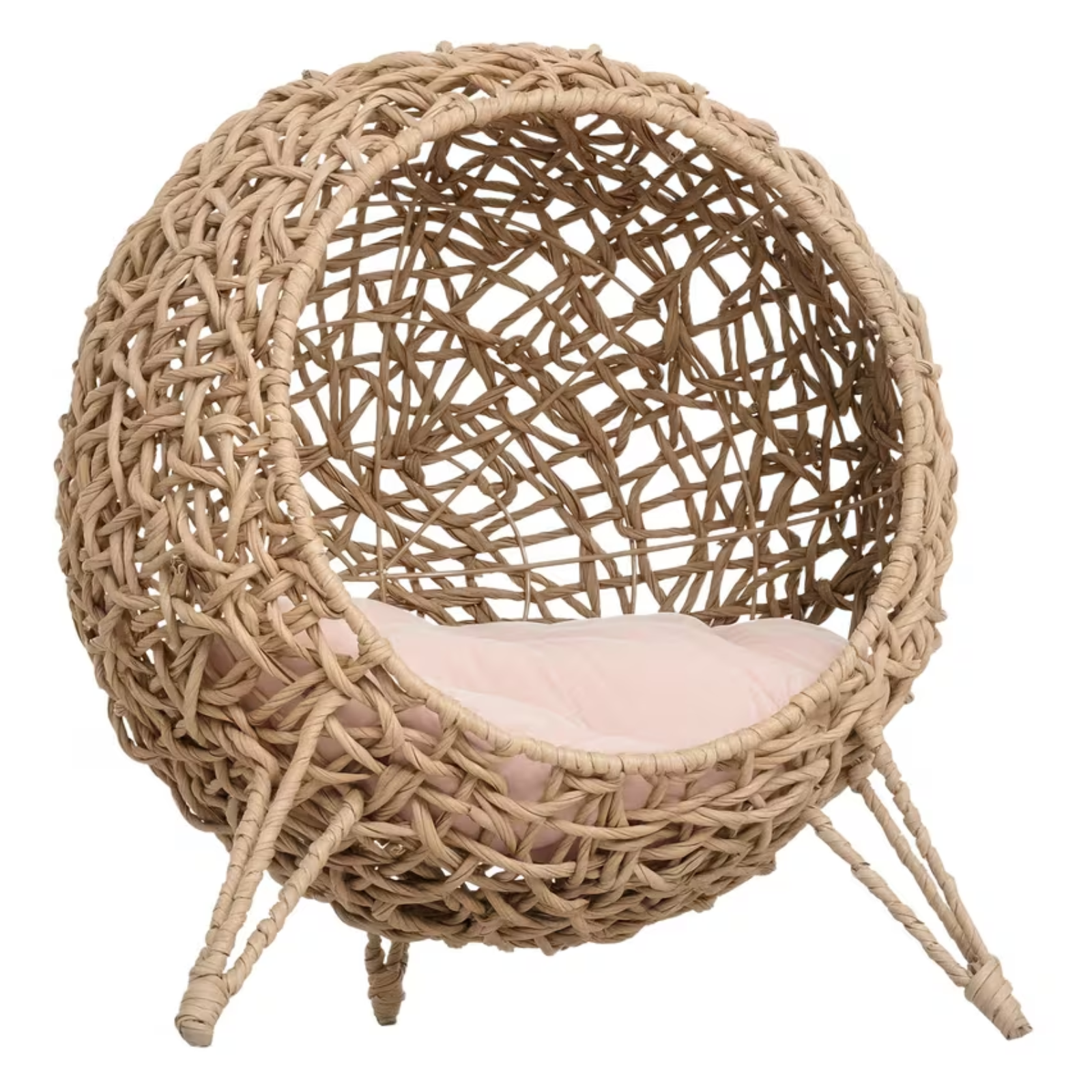 Wicker egg-shaped chair with a pink cushion on a white background