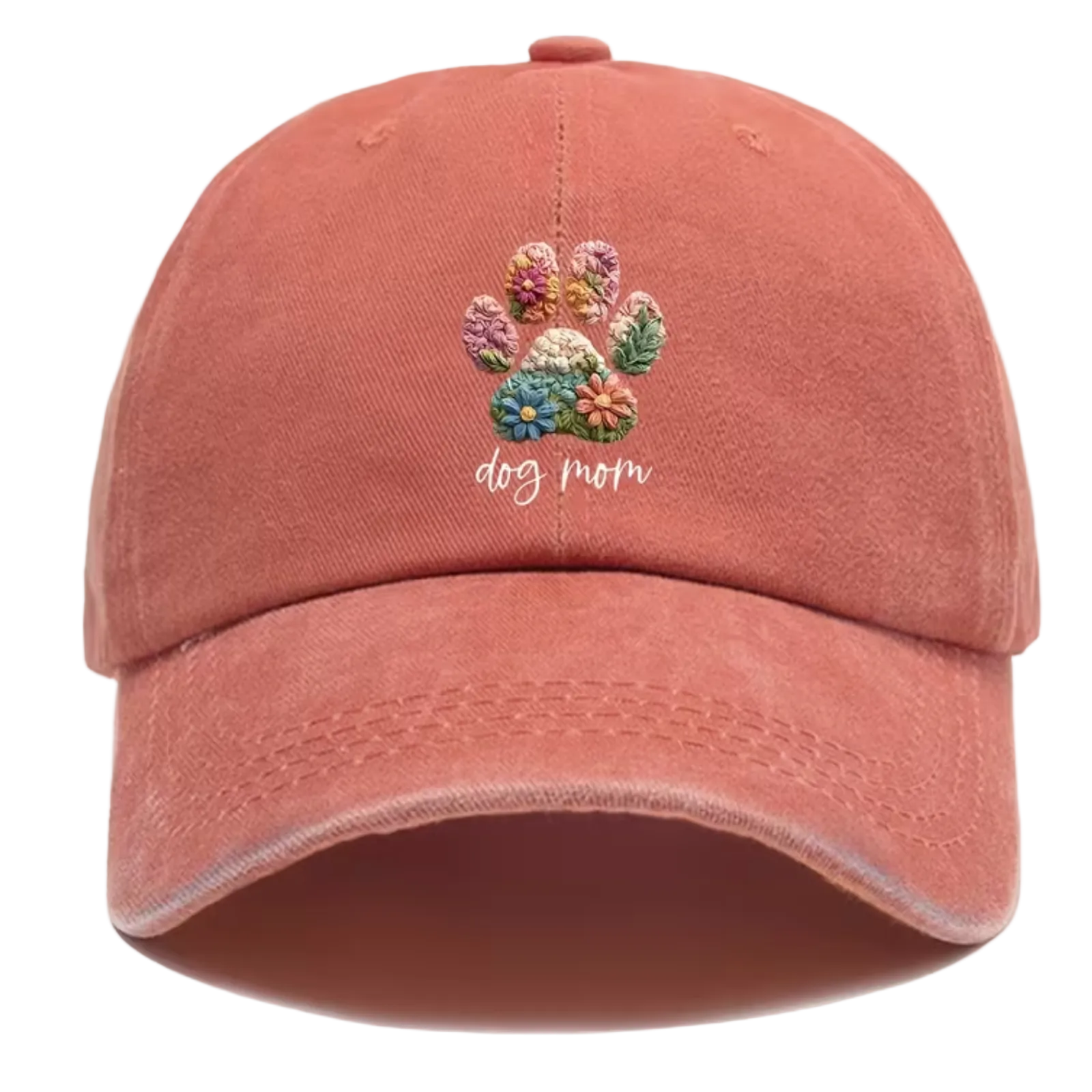 A dusty rose baseball cap featuring a colorful embroidered dog paw print with flowers and the words 'dog mom' in white script on the front. The image includes a '2D flat printing' text overlay in the top left corner.