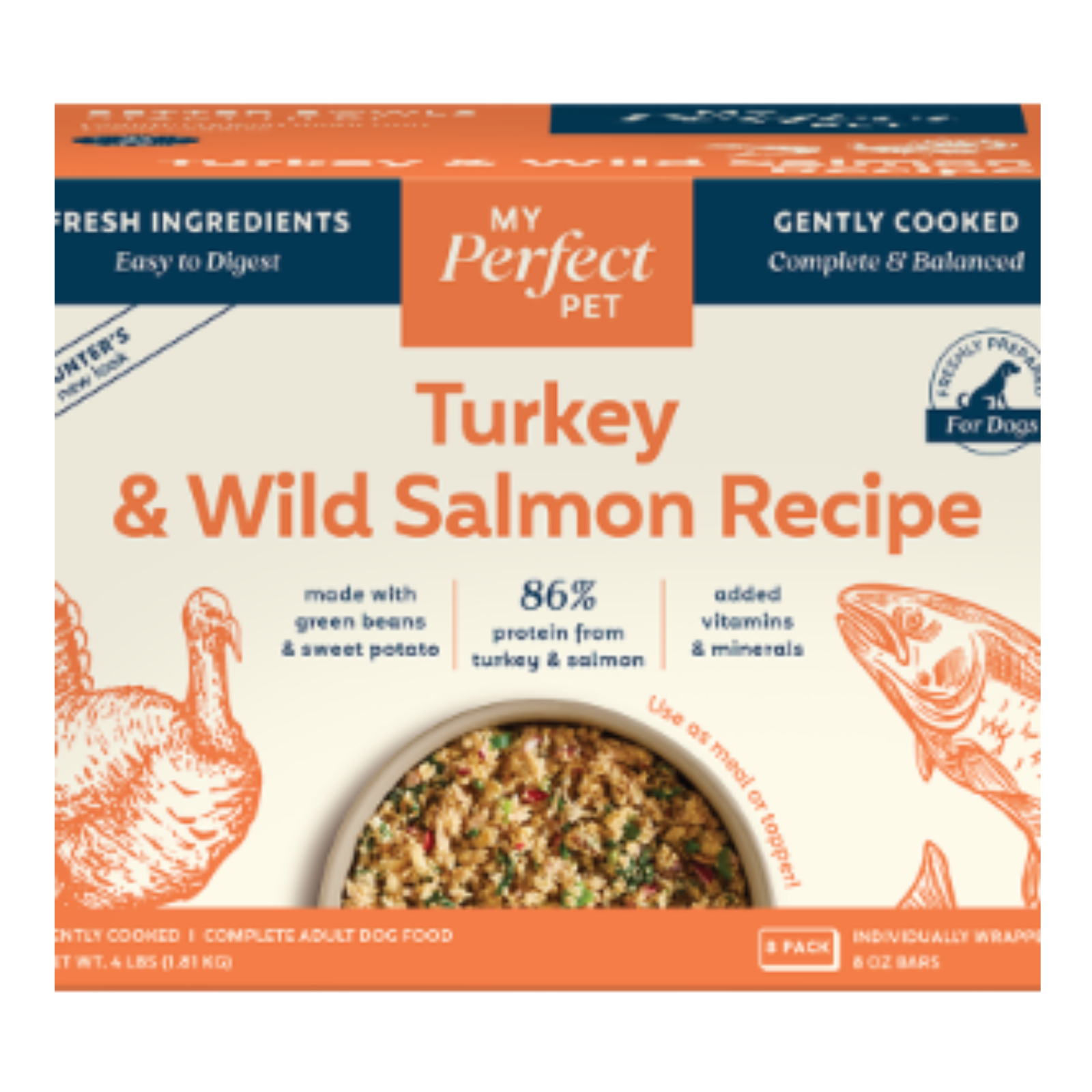 My Perfect Pet Turkey & Wild Salmon Recipe dog food, 8-pack box. The packaging features a cream background with orange illustrations of a turkey and a salmon, dark blue banners at the top, and a photo of the wet food in the center.
