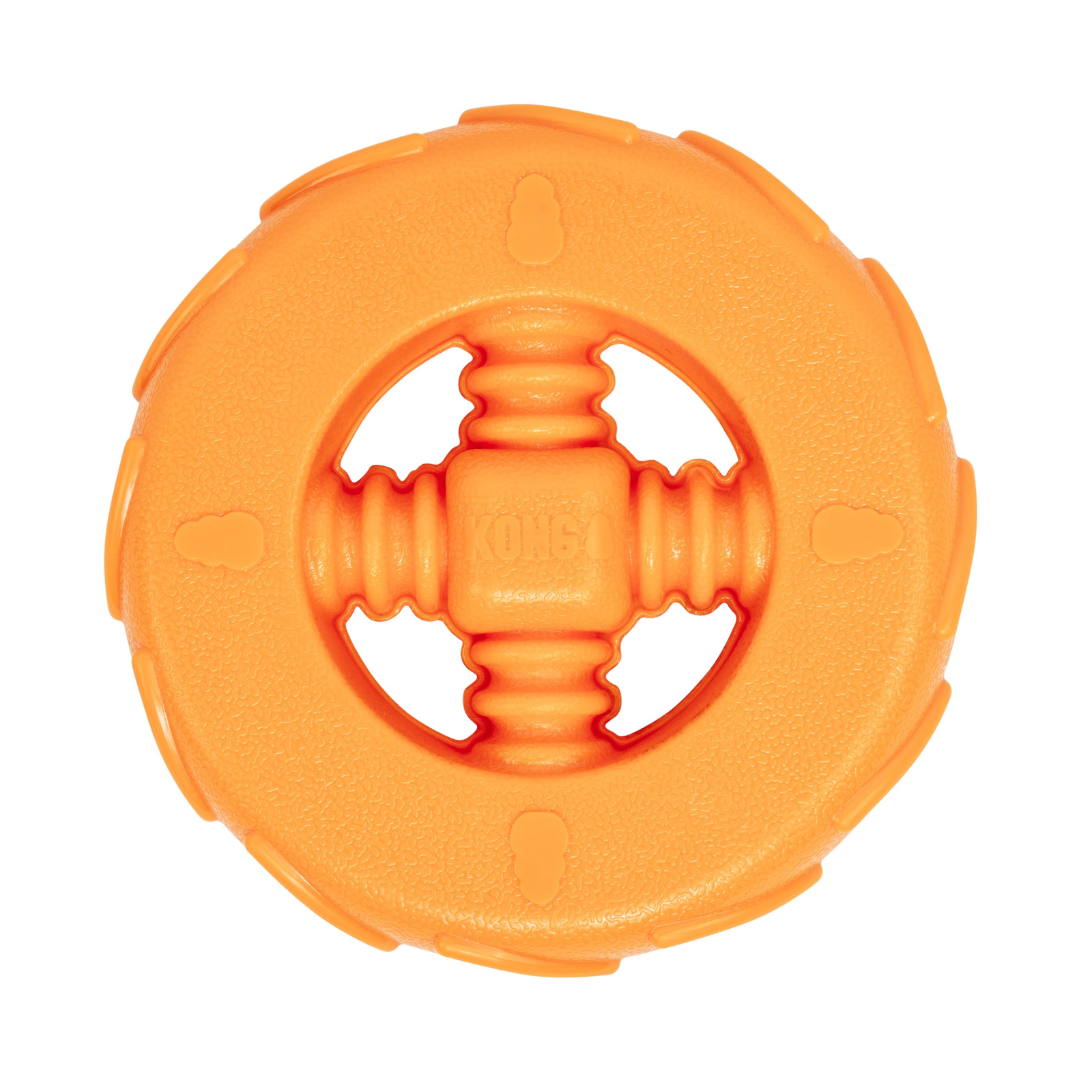 An orange textured rubber dog toy with a circular outer ring and a central cross-shaped grip, featuring the embossed brand name 'KONG'.